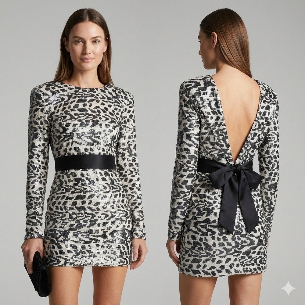 ROTATE Birger‎ Christensen Leopard Sequin Mini Dress Backless Long Sleeve 10